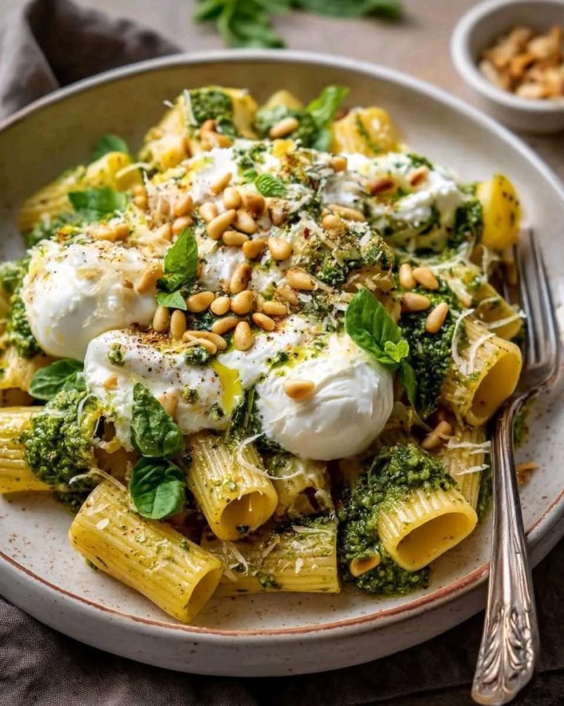 Lemon Pesto Rigatoni with Burrata & Roasted Pine Nuts – Best Recipes Ever
